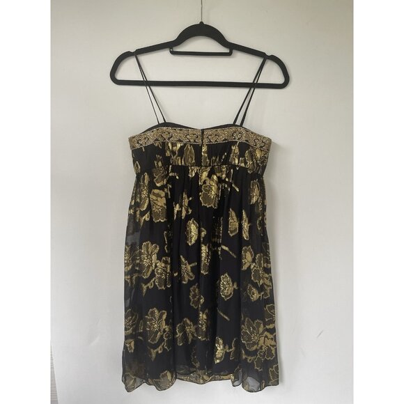 Cache Strapless Cocktail Dress Womens 4 Black Gold Floral Brocade Sequin Silk Pa - Picture 3 of 12